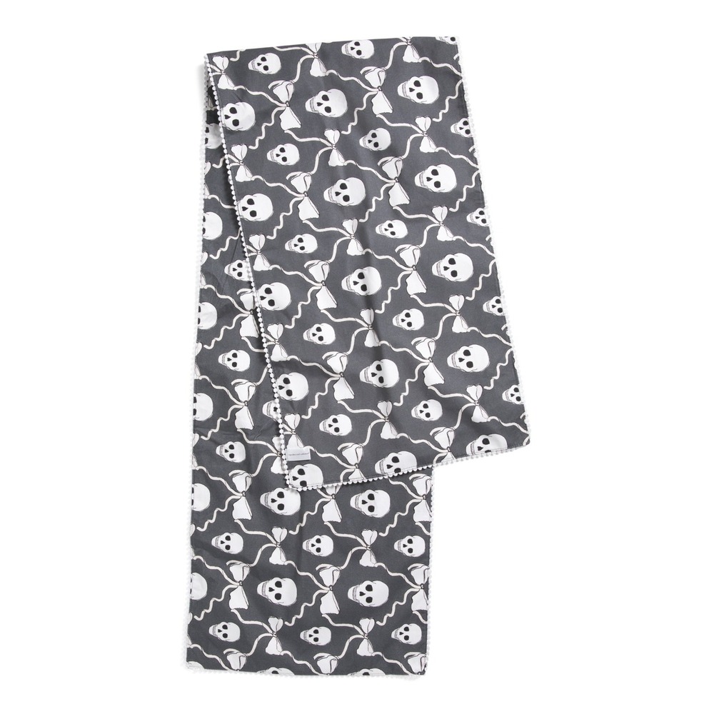 Cupcakes and Cashmere Skull Bow Table Runner Black Multi 16x72 Cotton Gothic